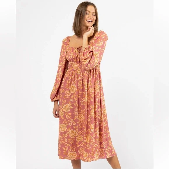 PAPER HEART Caitlyn Pink Floral Long Sleeve Midi Dress NWT - Picture 9 of 16